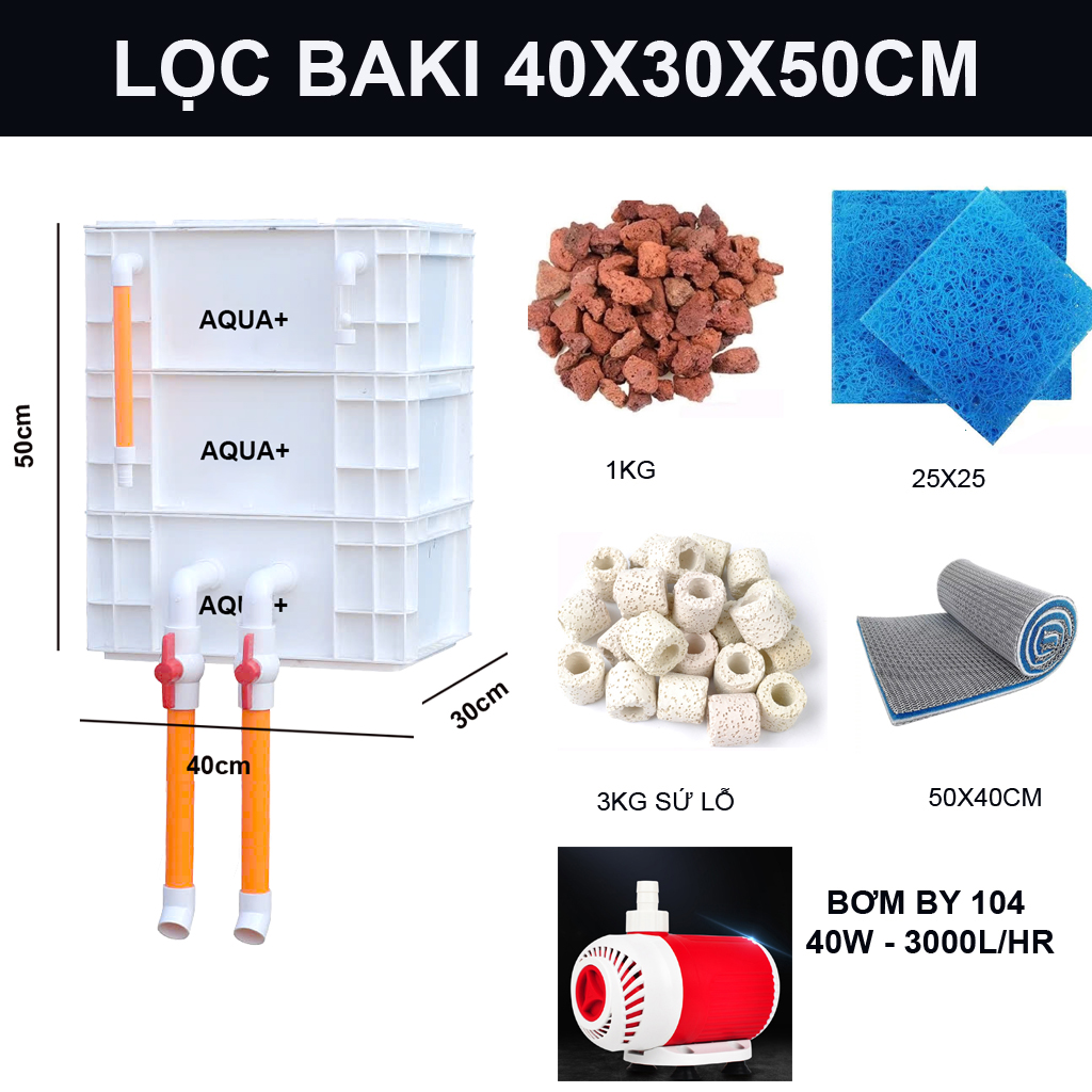Combo Lọc Thùng Baki 40x30x50cm + Bơm Baoyu 104 & Vật Liệu Lọc Nâng Cao Cho Bể Cá 400 - 600L Trắng