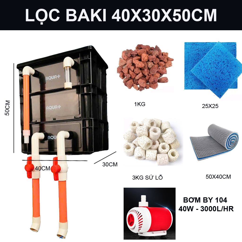 Combo Lọc Thùng Baki 40x30x50cm + Bơm Baoyu 104 & Vật Liệu Lọc Nâng Cao Cho Bể Cá  400 - 600L Đen