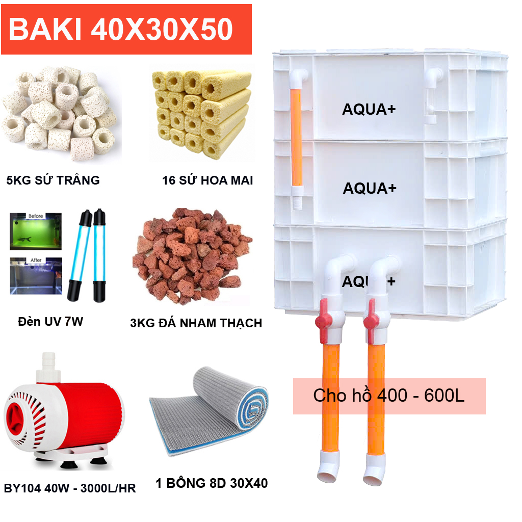 Bộ Lọc Nước Hồ Cá Koi 400-600L: Thùng Baki 3 Tầng, Bơm Baoyu 40W, Đèn UV 7W, Vật Liệu Lọc Đầy Đủ ( B) Trắng