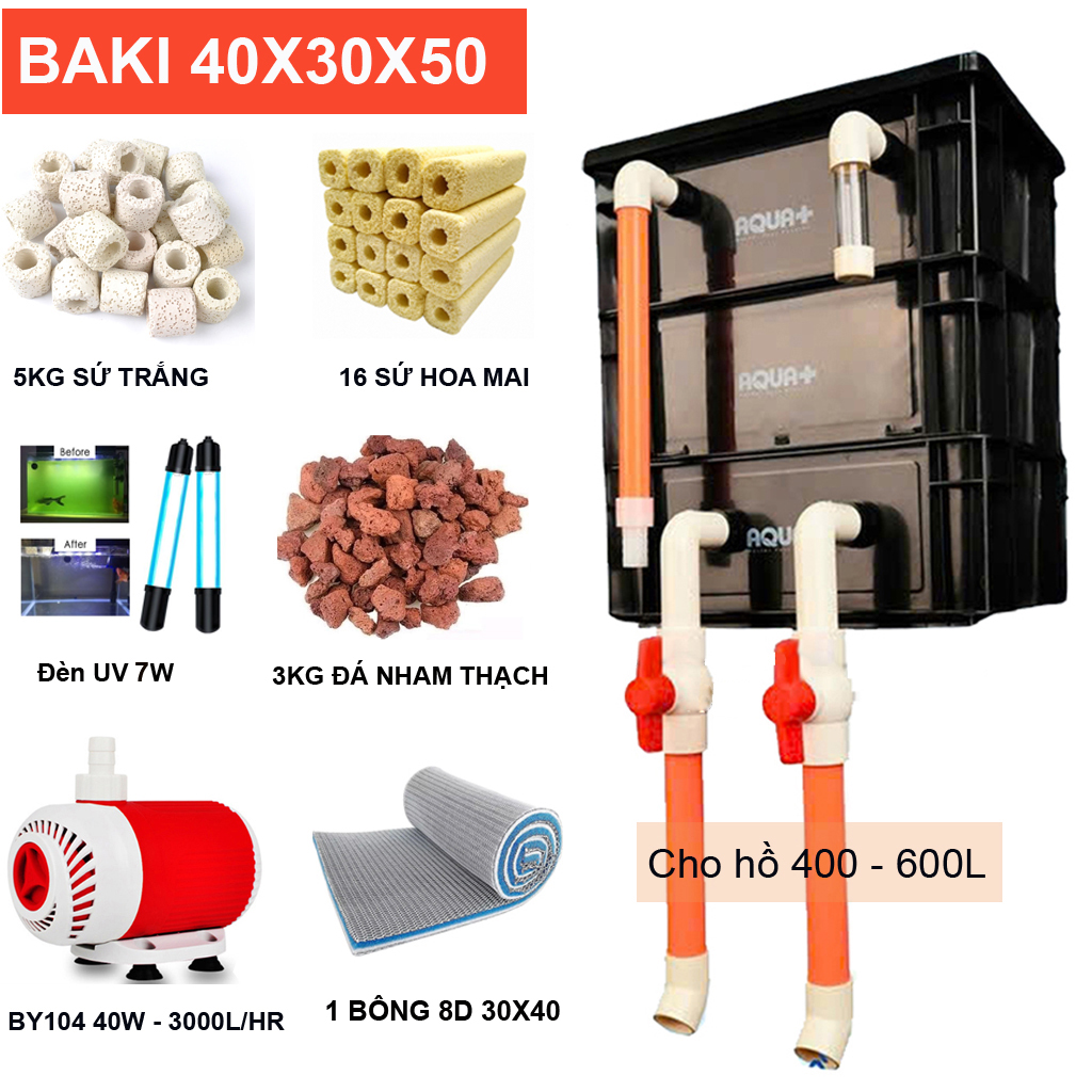 Bộ Lọc Nước Hồ Cá Koi 400-600L: Thùng Baki 3 Tầng, Bơm Baoyu 40W, Đèn UV 7W, Vật Liệu Lọc Đầy Đủ ( B) Đen