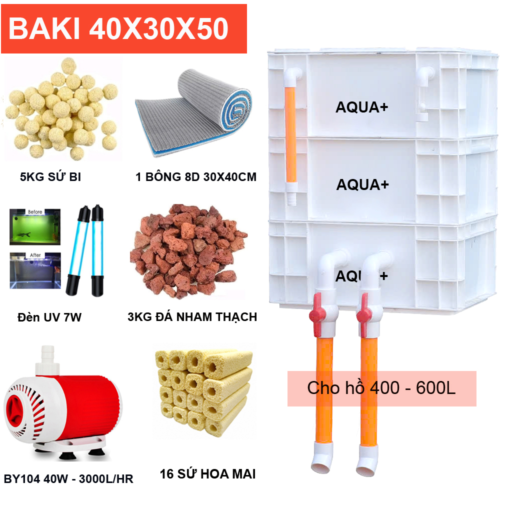 Bộ Lọc Nước Hồ Cá Koi 400-600L: Thùng Baki 3 Tầng, Bơm Baoyu 40W, Đèn UV 7W, Vật Liệu Lọc Đầy Đủ ( A)