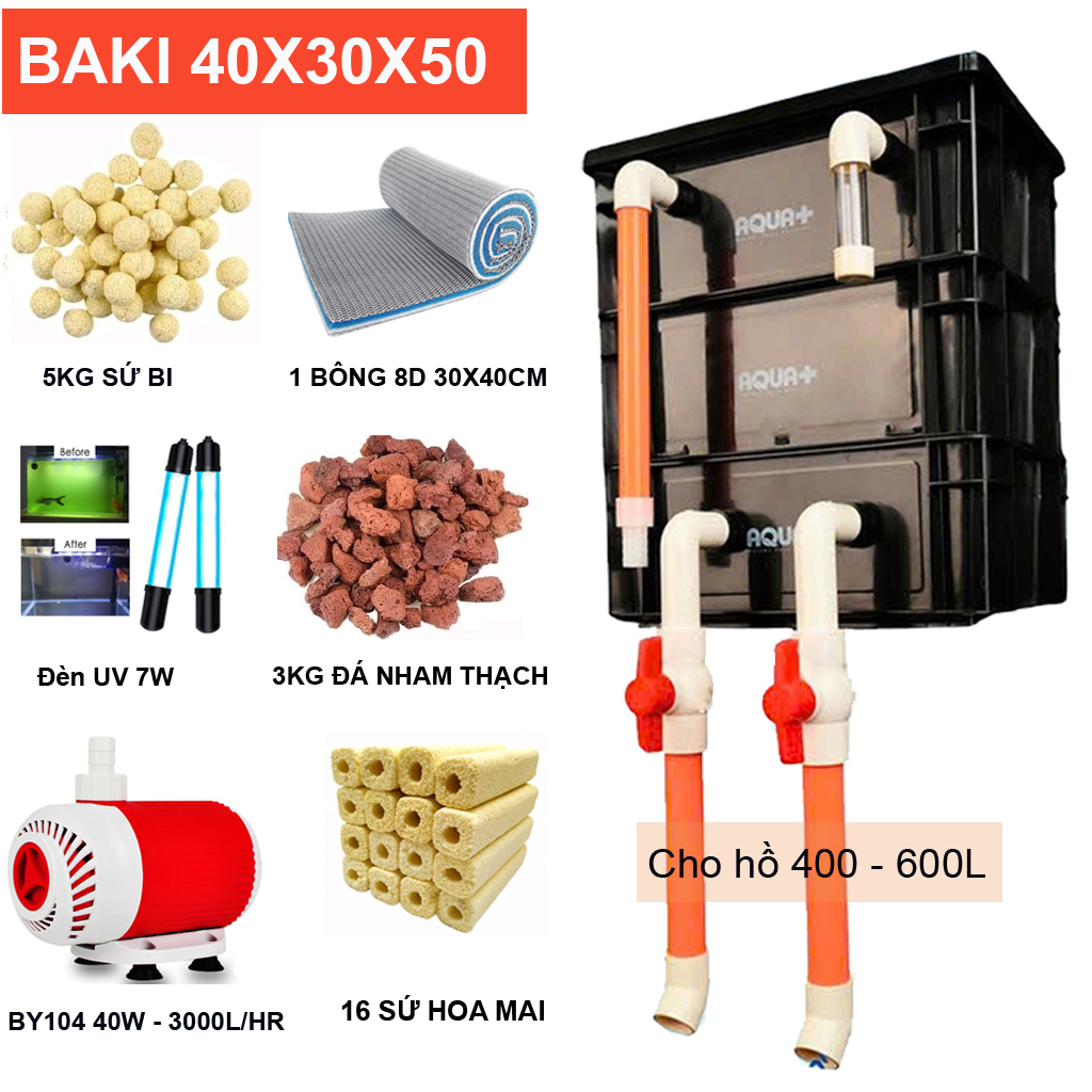 Bộ Lọc Nước Hồ Cá Koi 400-600L: Thùng Baki 3 Tầng, Bơm Baoyu 40W, Đèn UV 7W, Vật Liệu Lọc Đầy Đủ ( A) Đen