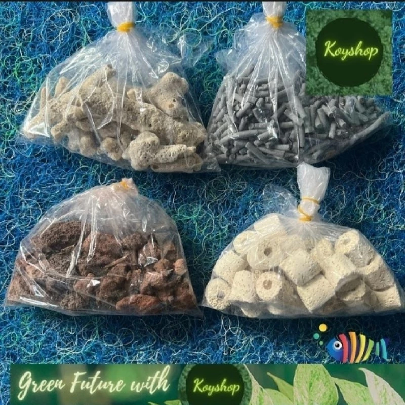 Combo 400g Vật Liệu Lọc Hồ Cá: Than Hoạt Tính - Sứ Trắng - San Hô - Nham Thạch