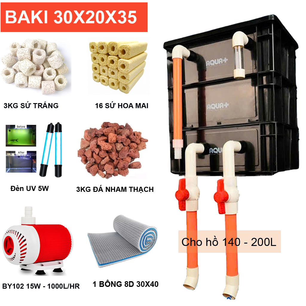 Bộ Lọc Nước Hồ Cá Koi 140-200L: Thùng Baki 3 Tầng, Bơm Baoyu 15W, Đèn UV 5W, Vật Liệu Lọc Đầy Đủ (B)