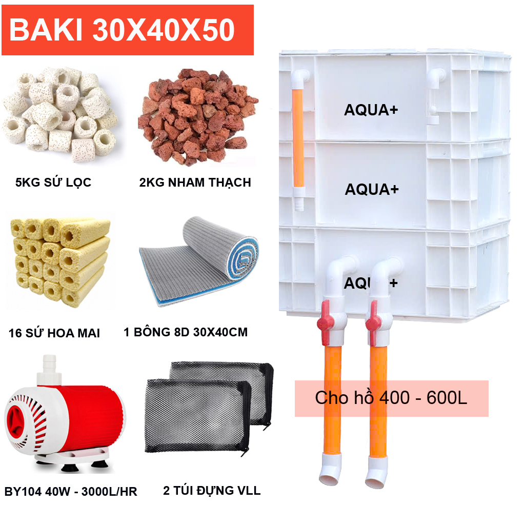 Combo Lọc Hồ Cá 400-600L | Thùng Baki 30x40x50, Bơm Baoyu BY104 40W, Vật liệu lọc siêu sạch Trắng
