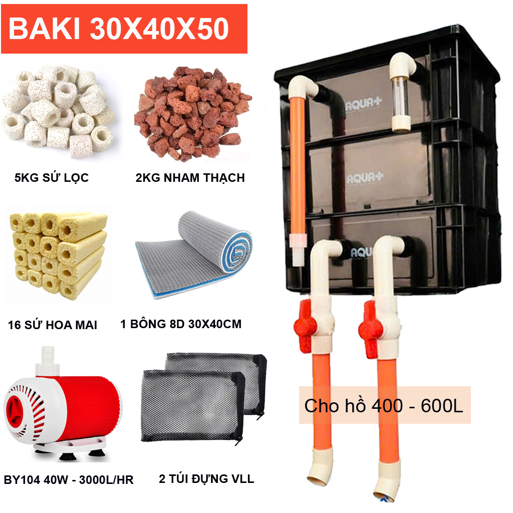 Combo Lọc Hồ Cá 400-600L | Thùng Baki 30x40x50, Bơm Baoyu BY104 40W, Vật liệu lọc siêu sạch Đen